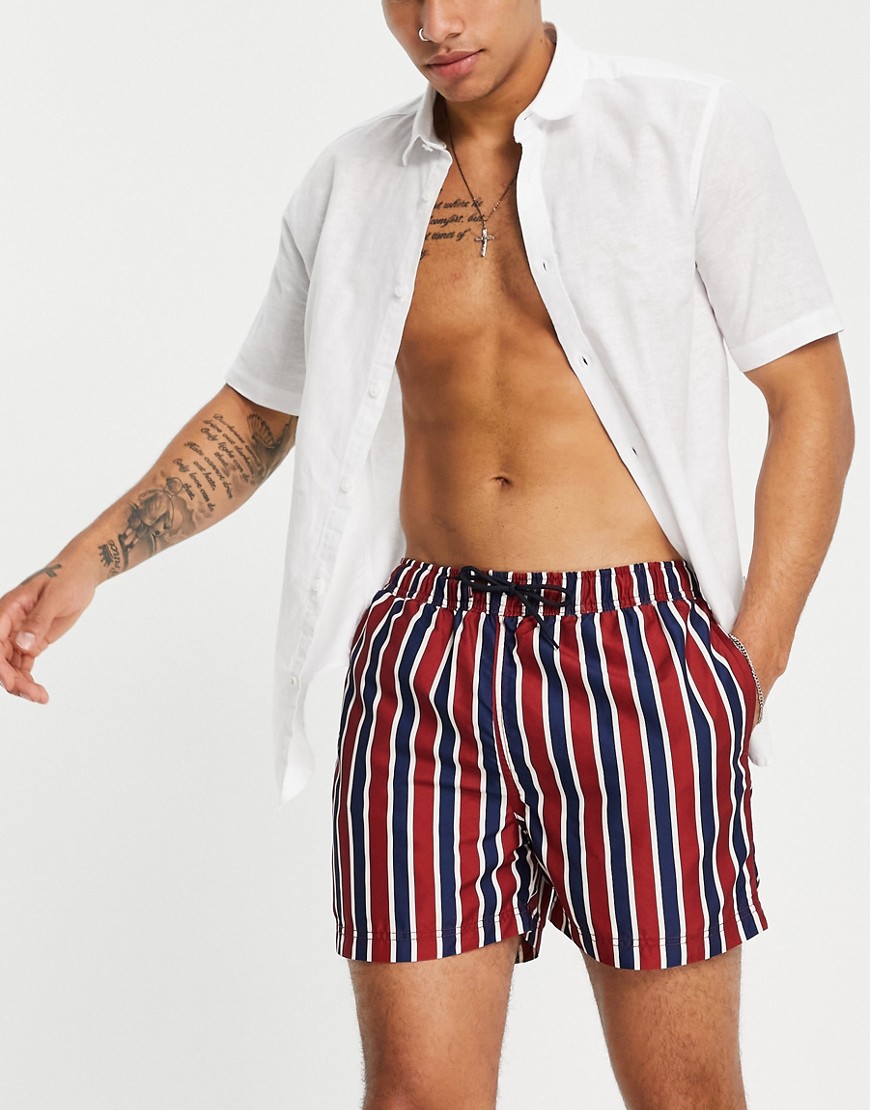 Selected Homme swim shorts in vertical stripe navy & burgundy
