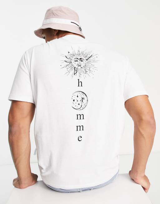 Selected Homme T shirt a imprime soleil et lune au dos Blanc