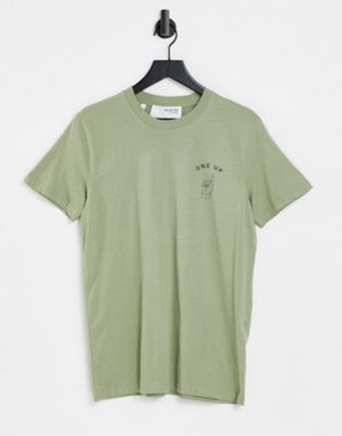 Selected Homme – T-Shirt aus Bio-Baumwolle in Khaki mit „One Up“-Logo auf der Brust-Grün