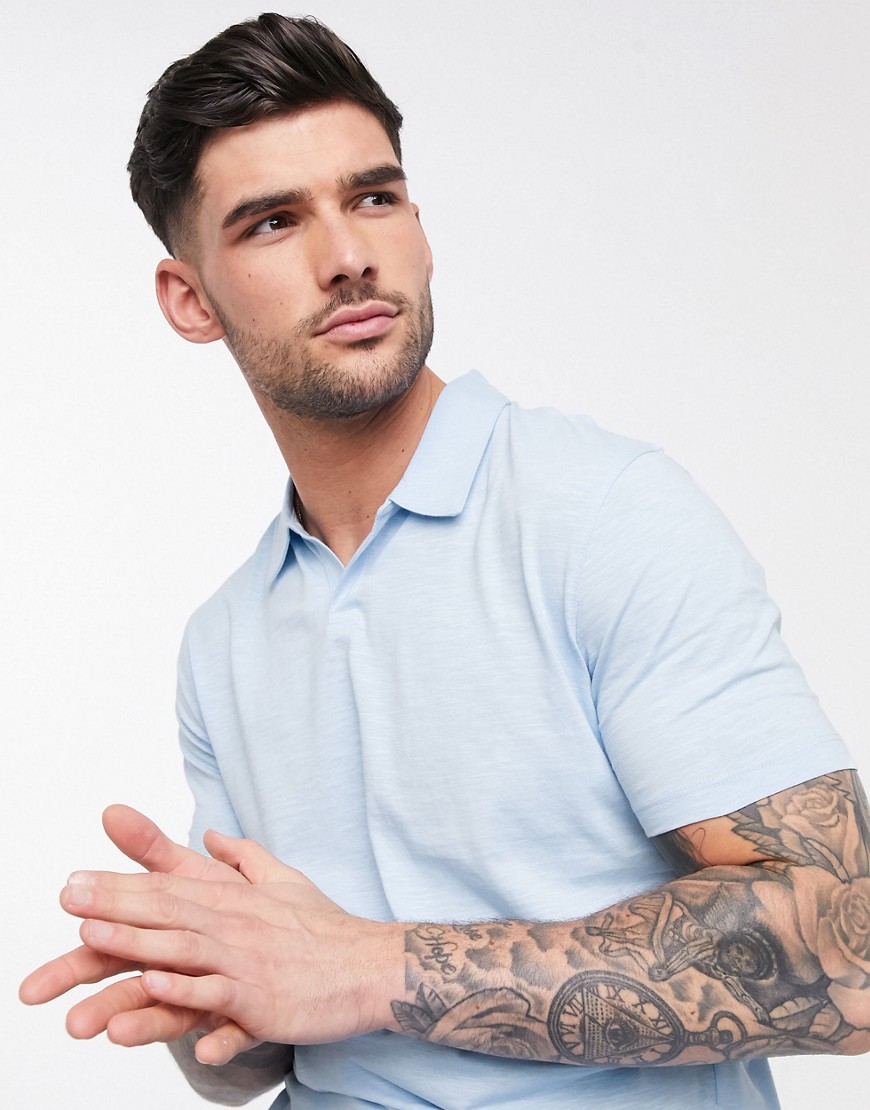Selected Homme - T-shirt blu in cotone organico mélange con colletto a rever