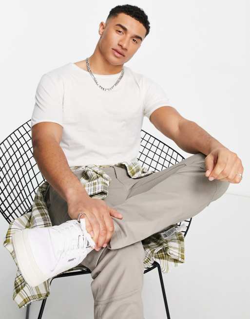 Selected Homme - T-shirt coupe slim en coton mélangé à bords bruts - Écru - STONE