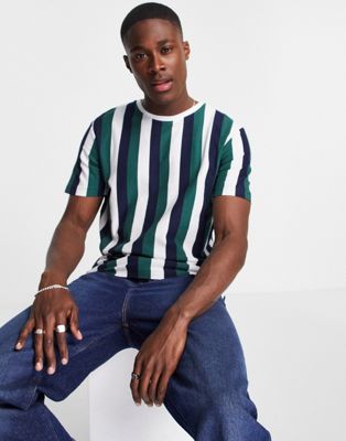 Homme Selected Homme - T-shirt en coton biologique à rayures verticales - Vert et bleu marine