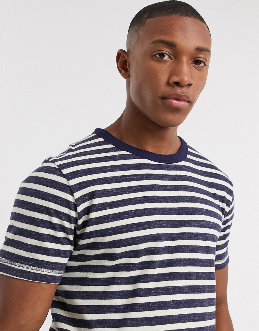 Selected Homme - T-shirt in cotone organico a righe breton blu navy lavaggio pesante