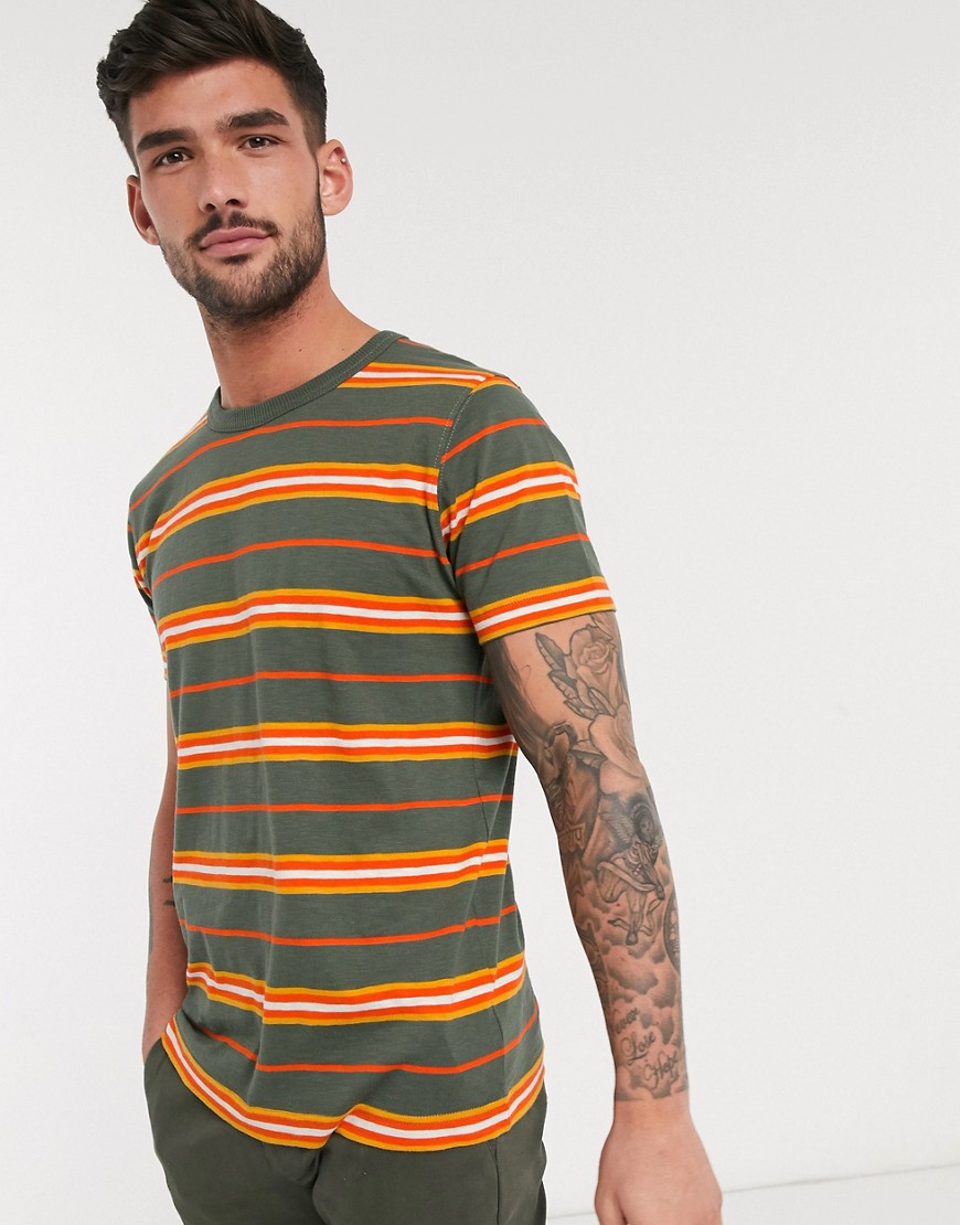 Selected Homme - T-shirt in cotone organico kaki a righe triple-Verde