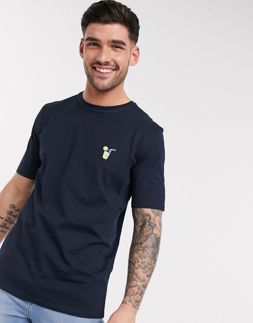 Selected Homme - T-shirt met geborduurd logo op de borst in marineblauw