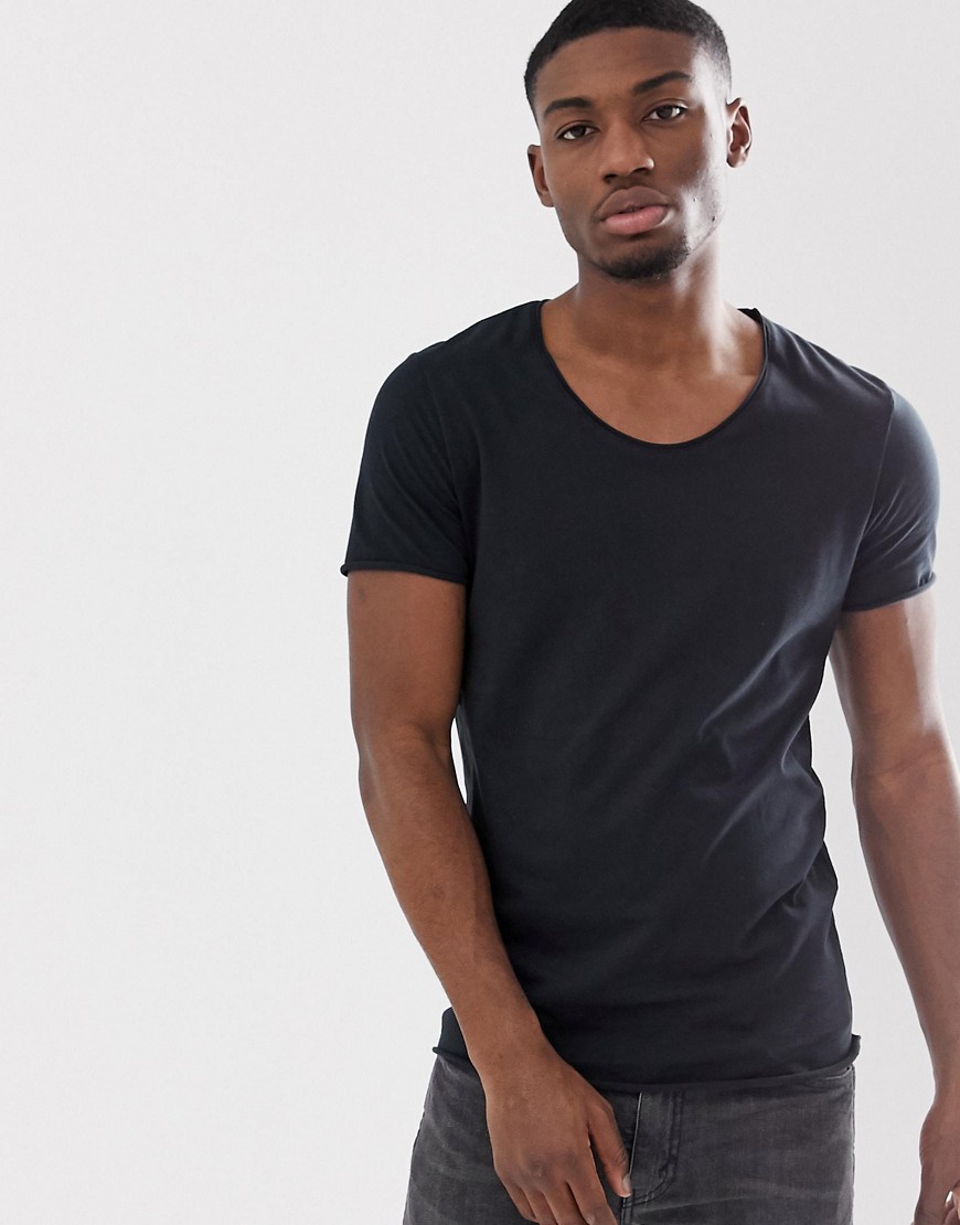 Selected Homme - T-shirt met lage ronde hals en opgerolde rand in zwart