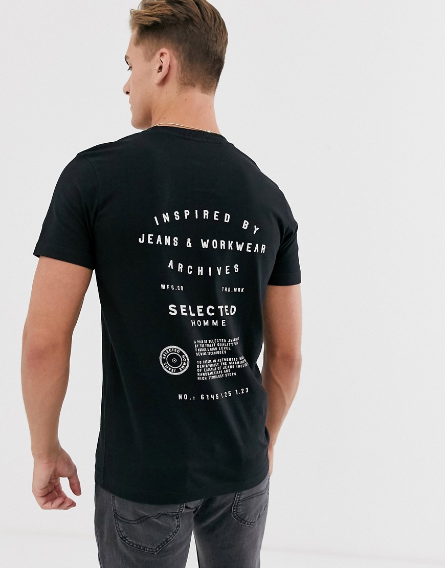 Selected Homme - T-shirt nera con stampa sulla schiena-Nero