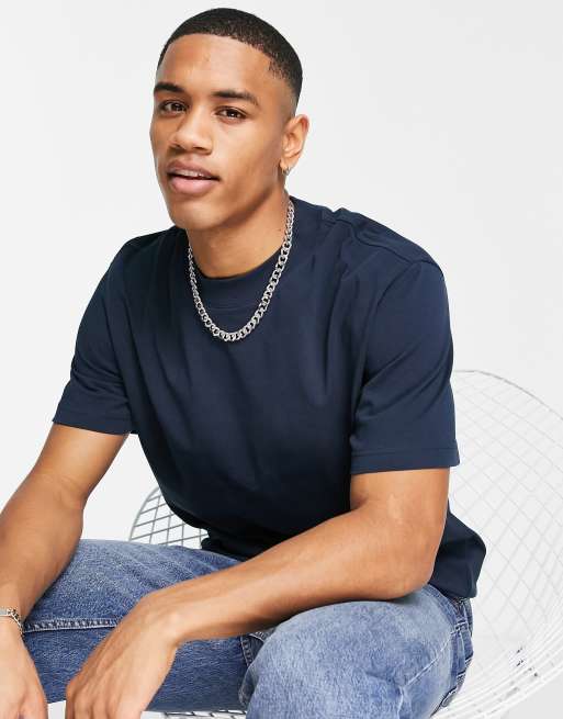 Selected Homme - T-shirt oversize accollata in cotone blu navy - NAVY