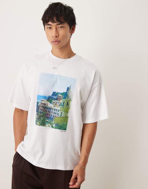 Selected Homme - T-shirt oversize bianca con grafica di paesaggio sul davanti