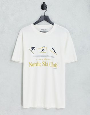 Selected Homme oversized t-shirt with ski club print in white  - ASOS Price Checker