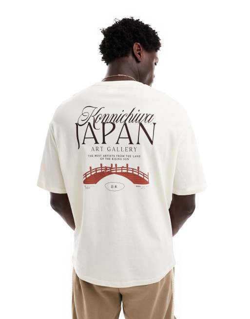 Selected Homme - T-shirt oversize color crema con stampa di galleria d'arte Giappone sulla schiena
