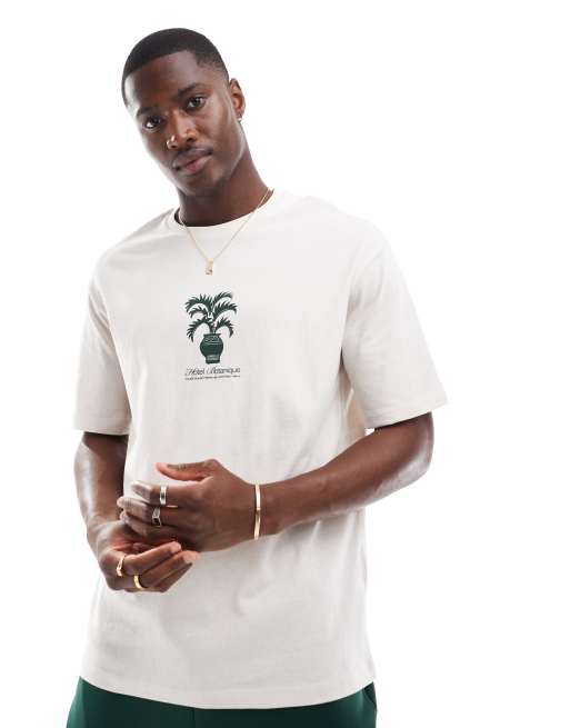 Selected Homme - T-shirt oversize color crema con stampa di pianta