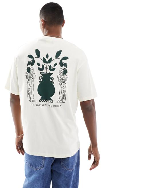 Selected Homme - T-shirt oversize color crema con stampa verde sulla schiena