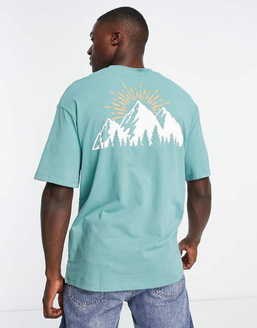 Selected Homme - T-shirt oversize con stampa con montagna sul retro turchese