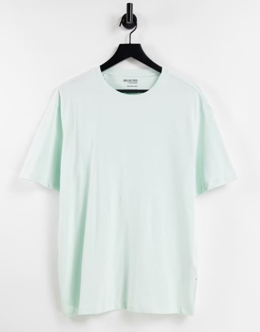 Selected Homme - T-shirt oversize en coton à col montant - Menthe - LBLUE