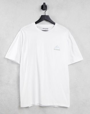 Homme Selected Homme - T-shirt oversize en coton biologique mélangé avec imprimé montagne - Blanc