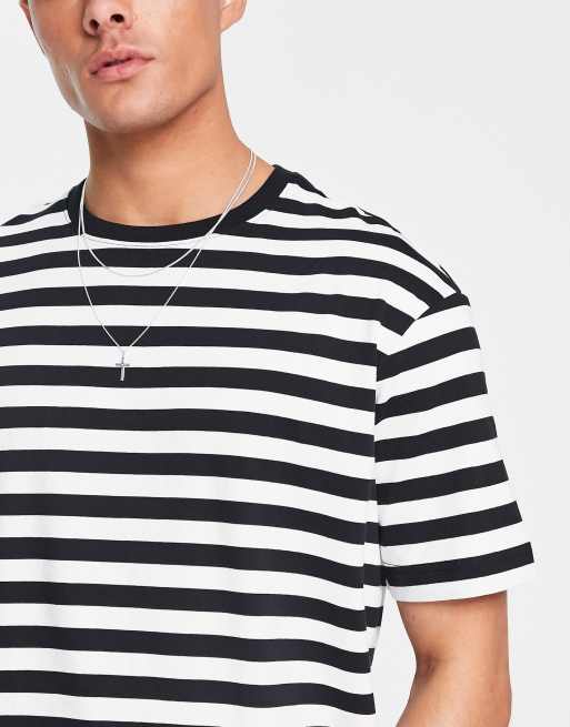 Selected Homme T shirt oversize en coton pais rayures Noir et blanc BLACK