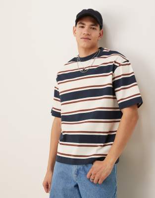 Selected Homme - T-shirt oversize épais à rayures - Bleu marine