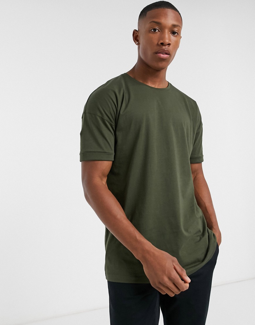 Selected Homme - T-shirt oversize kaki con spalle scivolate-Verde