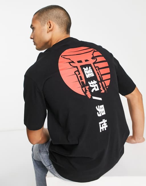 Selected Homme - T-shirt oversize nera con stampa di tempio sulla schiena 