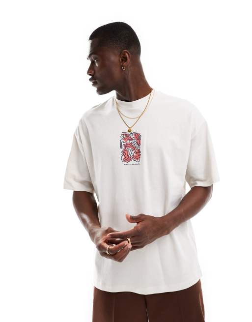 Selected Homme - T-shirt super oversize color crema con stampa sul petto