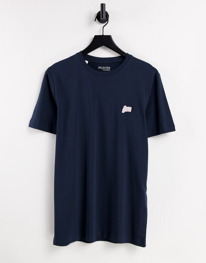 Selected Homme t-shirt with embroidered camera logo in navy in organic cotton