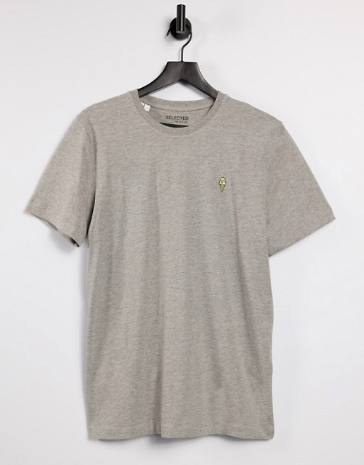 Selected Homme t-shirt with embroidered ice cream in grey