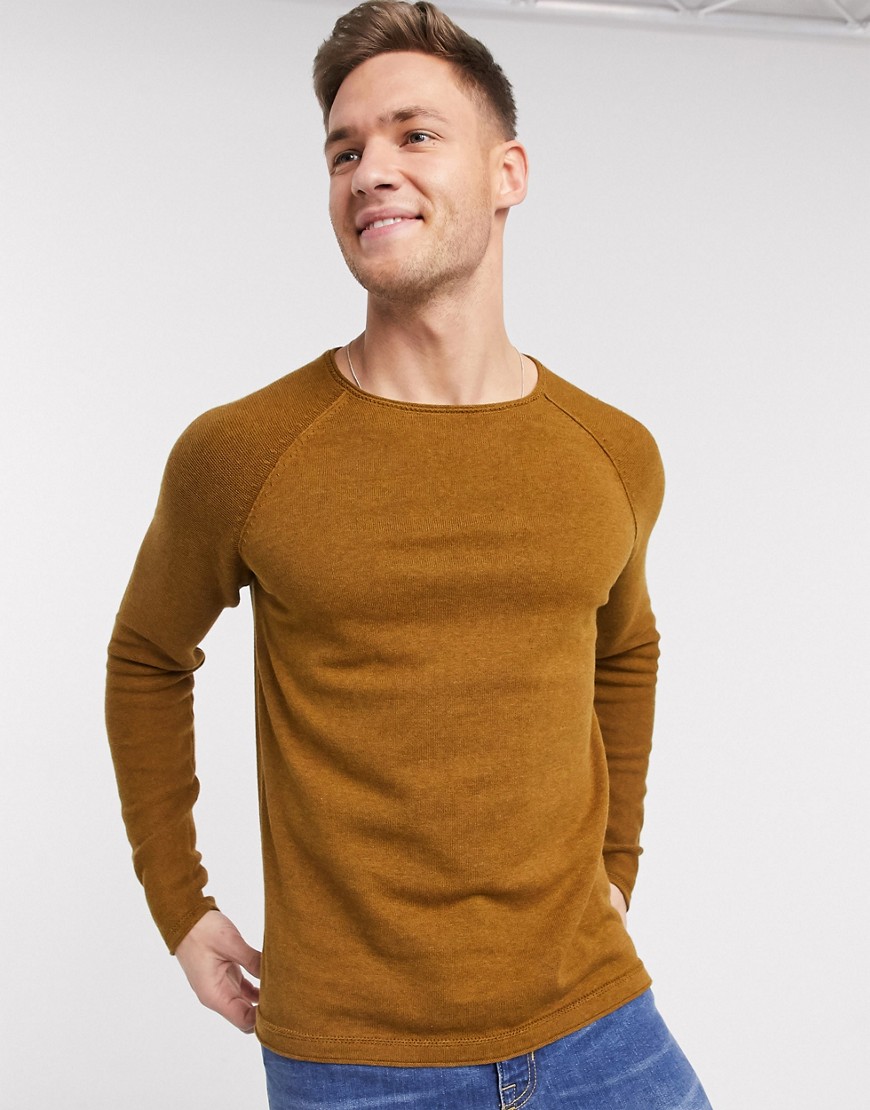 Selected Homme – Tanfärgad tröja med rund halsringning och uppvikt nederkant-Brun