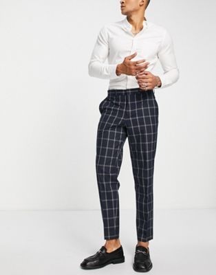 Selected Homme tapered fit smart trousers in navy windowpane
