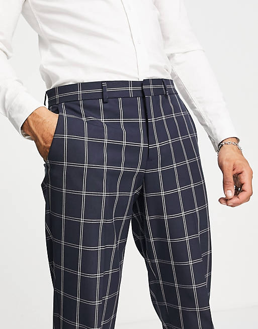 Suits Selected Homme tapered fit smart trousers in navy windowpane 