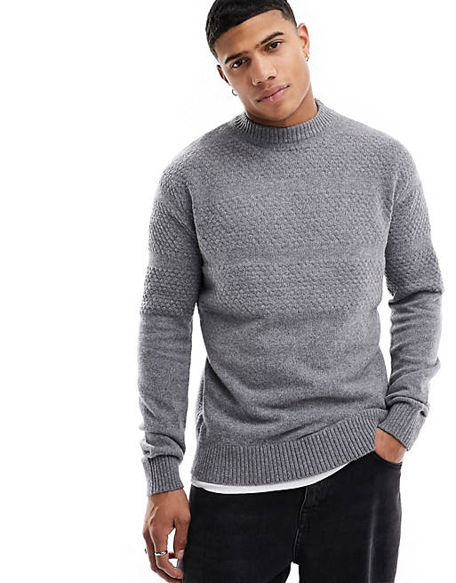 Selected Homme texture crew neck knit jumper in light grey | ASOS