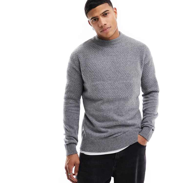 Selected Homme texture crew neck knit sweater in light gray | ASOS