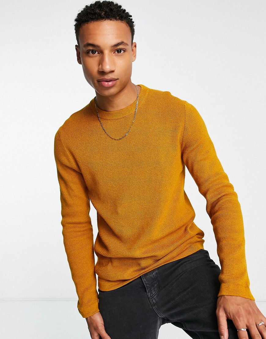 Selected Homme textured crew neck jumper in mustard-Yellow