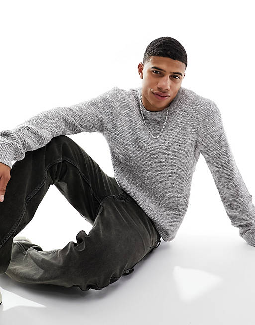 Selected Homme textured crew neck knit jumper in light grey | ASOS