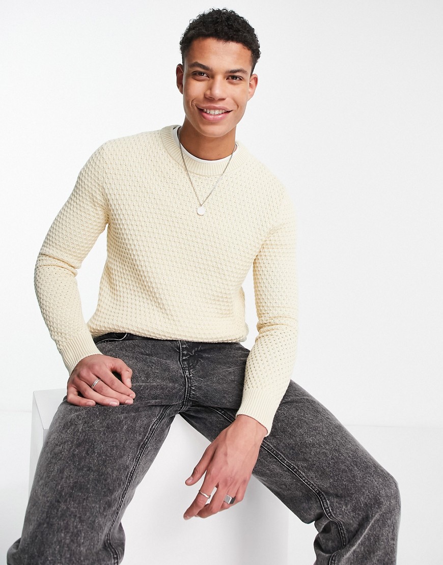 Selected Homme textured knit sweater in cream-White