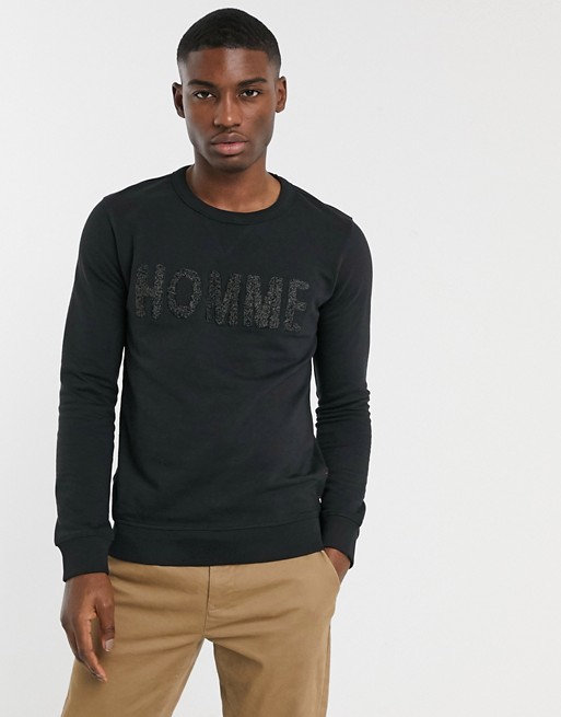 Selected Homme textured logo crew neck sweat in black