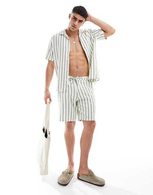 Selected Homme textured shorts in green stripe (part of a set)