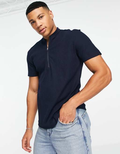 Selected Homme textured zip polo in navy | ASOS