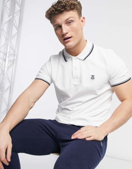 Selected Homme tipped polo with shield logo in white