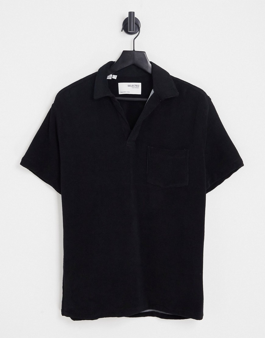 selected homme towelling polo with revere collar in black