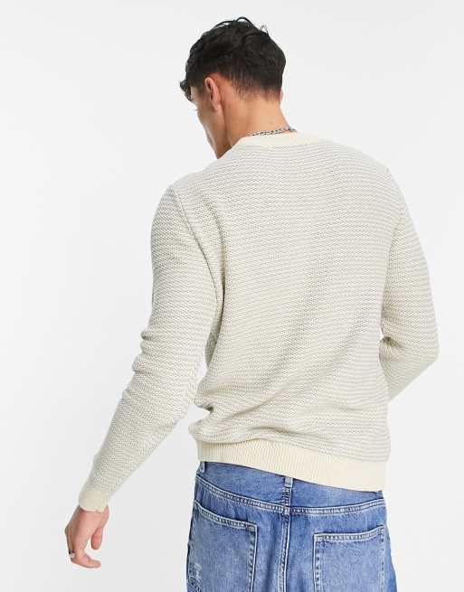 Selected Homme - Trui in ecru met structuur van katoenmix - STONE, 4 van 4