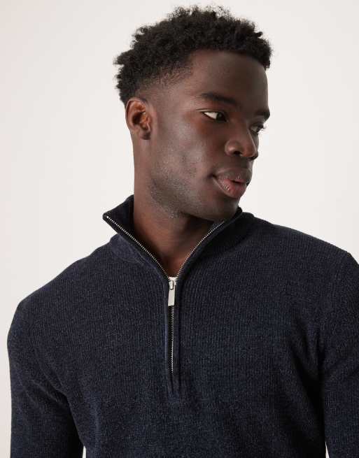 Selected Homme - Trui van chenille met halve rits in marineblauw