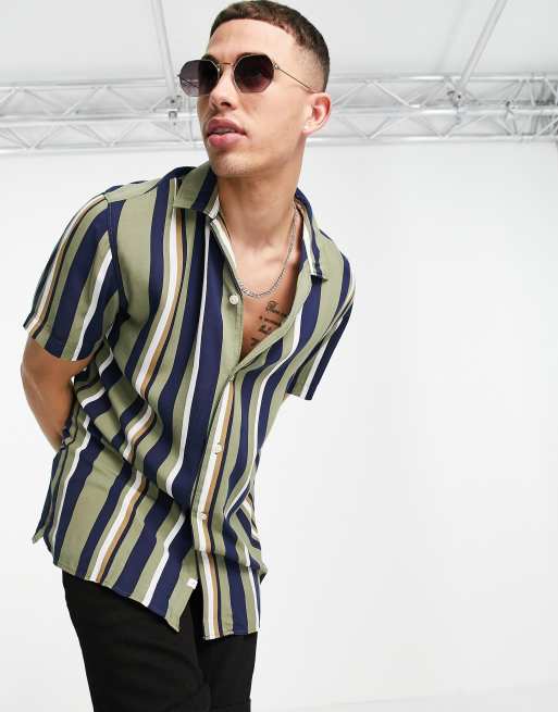 Selected Homme vertical stripe shirt with revere collar in khaki