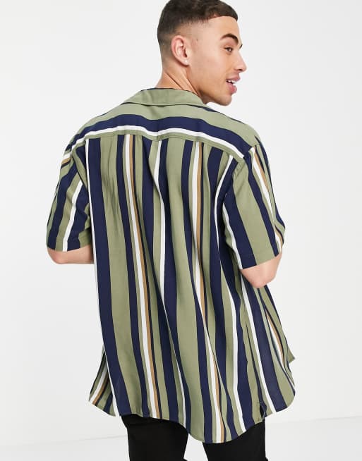 Selected Homme vertical stripe shirt with revere collar in khaki, 2 of 4