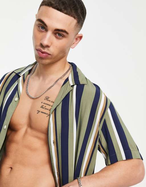Selected Homme vertical stripe shirt with revere collar in khaki, 3 of 4