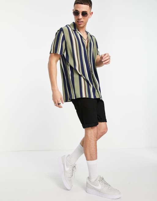 Selected Homme vertical stripe shirt with revere collar in khaki, 4 of 4