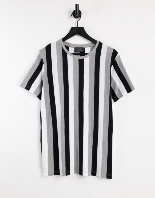 Selected Homme vertical stripe T shirt in black and gray