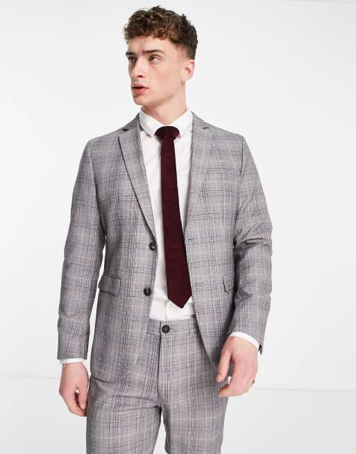 Selected Homme Veste de costume ajust e carreaux Gris clair