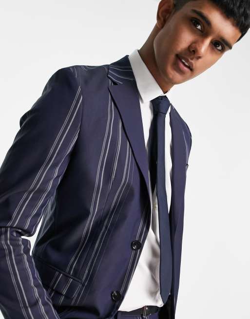 Vestes Homme, Blazer rayé bleu foncé