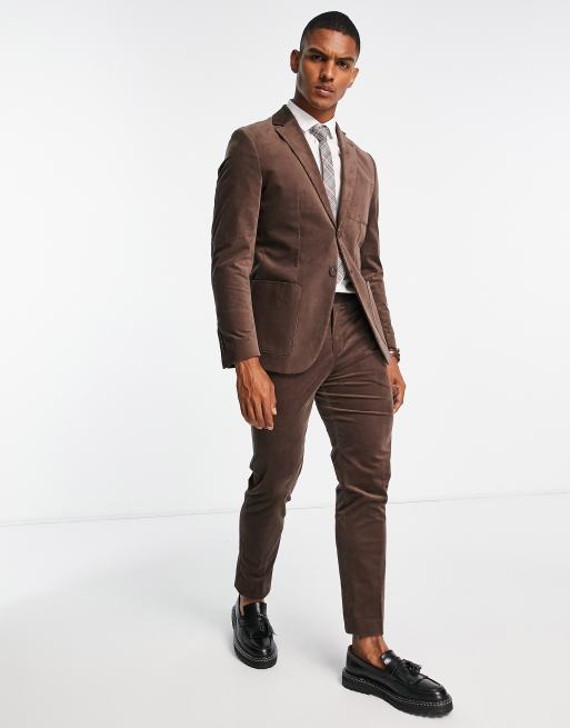 Selected Homme Veste de costume coupe slim en velours c tel Marron